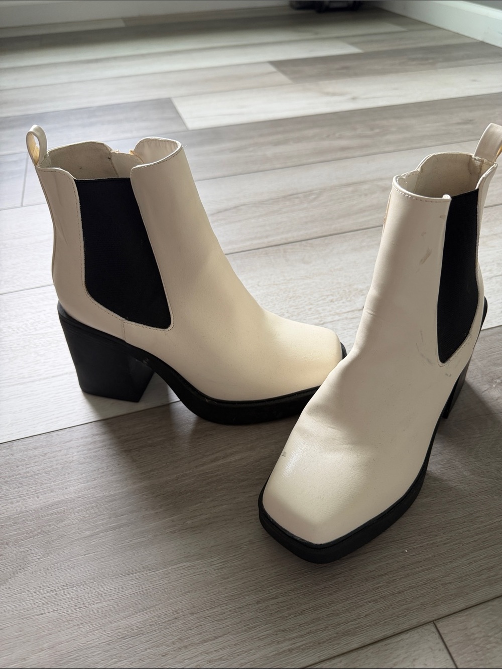 MIA Cream Chelsea Block Heel Ankle Boots with Black Panels